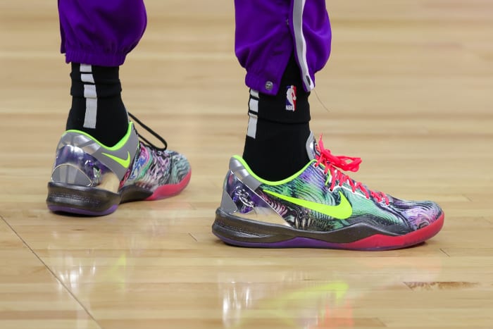 Sacramento Kings guard Tyrese Haliburton wears the Nike Kobe 8 'Prelude' shoes during the 2021-22 NBA season.